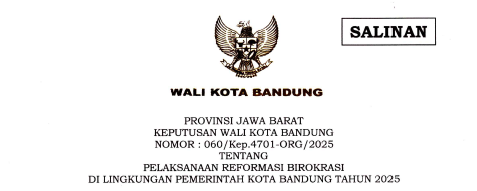 Cover Keputusan Wali Kota Bandung Nomor 060/Kep.4701-ORG/2025 tentang Pelaksaaan Reformasi Birokrasi di Lingkungan Pemerintah Kota Bandung Tahun 2025