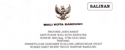Cover Keputusan Wali Kota Bandung Nomor 660/Kep.4796-DLH/2025 tentang Persetujuan Dokumen Evaluasi Lingkungan Hidup Rumah Sakit Murni Teguh Naripan Bandung