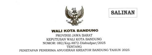 Cover Keputusan Wali Kota Bandung Nomor 082/Kep.4872-Disbudpar/2025 tentang Penetapan Penerima Anugerah Kreator Bandung Tahun 2025