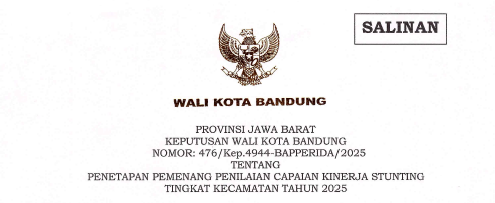 Cover Keputusan Wali Kota Bandung Nomor 476/Kep.4944-Bapperida/2025 tentang Penetapan Pemenang Penilaian Capaian Kinerja Stunting Tingkat Kecamatan Tahun 2025