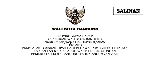 Cover Keputusan Wali Kota Bandung Nomor 876/Kep.5122-BKPSDM/2025 tentang Penetapan Besaran Upah Bagi Pemerintah Dengan Perjanjian Kerja Paruh Waktu di Lingkungan Pemerintah Kota Bandung Tahun Anggaran 2026