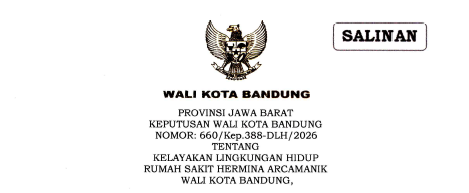 Cover Keputusan Wali Kota Bandung Nomor 660/Kep.388-DLH/2026 Tentang Kelayakan Lingkungan Hidup Rumah Sakit Hermina Arcamanik