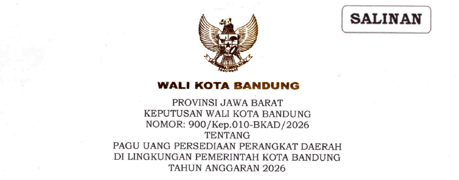 Cover Keputusan Wali Kota Bandung Nomor 900/Kep.010-BKAD/2026 Tentang Pagu Uang Persediaan Perangkat Daerah di Lingkungan Pemerintah Kota Bandung Tahun Anggaran 2026