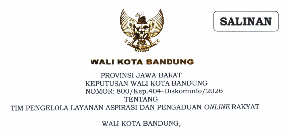 Cover Keputusan Wali Kota Bandung Nomor 800/Kep.404-Diskominfo/2026 Tentang Tim Pengelola Layanan Aspirasi dan  Pengaduan Online Rakyat
