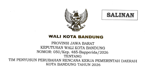 Cover Keputusan Wali Kota Bandung Nomor 050/Kep.485-Bapperida/2026 Tentang Tim Penyusun Perubahan Rencana Kerja Pemerintah Daerah Kota Bandung Tahun 2026