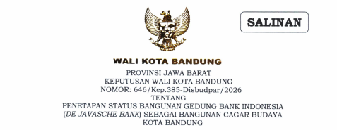 Cover Keputusan Wali Kota Bandung Nomor 646/Kep.385-Disbudpar/2026 Tentang Penetapan Status Bangunan Gedung Bank Indonesia (De Javasche) Sebagai Bangunan Cagar Budaya Kota Bandung