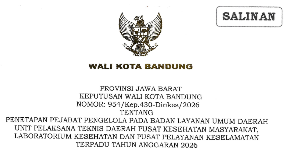 Cover Keputusan Wali Kota Bandung Nomor 954/Kep.430-Dinkes/2026 Tentang Penetapan Pejabat Pengelola Pada Badan Layanan Umum Daerah Unit Pelaksana Teknis Daerah Pusat Kesehatan Masyarakat, Laboratorium Kesehatan dan Pusat Pelayanan Keselamatan Terpadu Tahun Anggaran 2026
