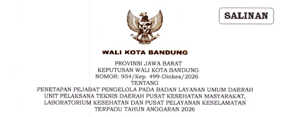 Cover Keputusan Wali Kota Bandung Nomor 954/Kep.499-Dinkes/2026 Tentang Penetapan Pejabat Pengelola Pada Badan Layanan Umum Daerah Unit Pelaksana Teknis Daerah Pusat Kesehatan Masyarakat, Laboratorium Kesehatan dan Pusat Pelayanan Keselamatan Terpadu Tahun Anggaran 2026