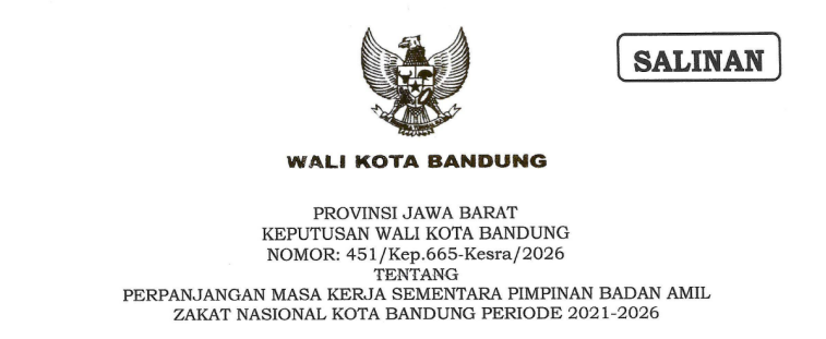 Cover Keputusan Wali Kota Bandung Nomor 451/Kep.665-Kesra/2026 Tentang Perpanjangan Masa Kerja Sementara Pimpinan Badan Amil Zakat Nasional Kota Bandung Periode 2021-2026