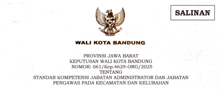 Cover Keputusan Wali Kota Bandung Nomor 061/Keo.4629-ORG/2025 Tentang Standar Kompetensi Jabatan Administrator dan Jabatan Pengawas Pada Kecamatan dan Kelurahan