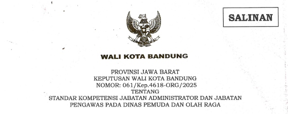 Cover Keputusan Wali Kota Bandung Nomor 061/Kep.4618-ORG/2025 Tahun 2025 Tentang Standar Kompetensi Jabatan Administrator dan Jabatan Pengawas Pada Dinas Pemuda dan Olahraga