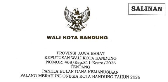 Cover Keputusan Wali Kota Bandung Nomor 468/Kep.811-Kesra/2026 Tahun 2026 Tentang Panitia Bulan Dana Kemanusiaan Palang Merah Indonesia Kota Bandung Tahun 2026