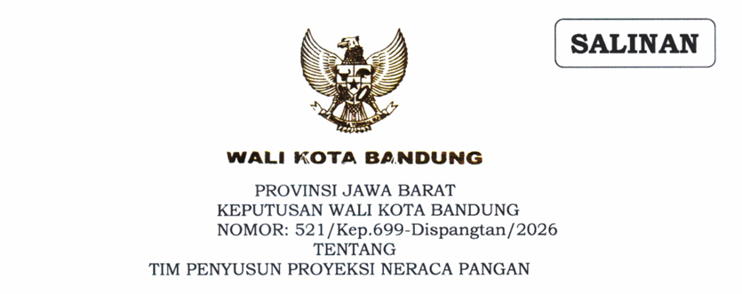 Cover Keputusan Wali Kota Bandung Nomor 521/Kep.699-Dispangtan/2026 Tahun 2026 Tentang Tim Penyusun Proyeksi Neraca Pangan