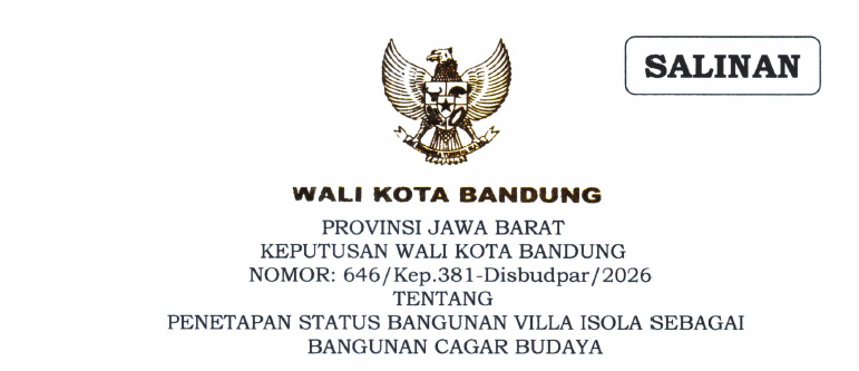 Cover Keputusan Wali Kota Bandung Nomor 646/Kep.381-Disbudpar/2026 Tahun 2026 Tentang Penetapan Status Bangunan Villa Isola Sebagai Bangunan Cagar Budaya