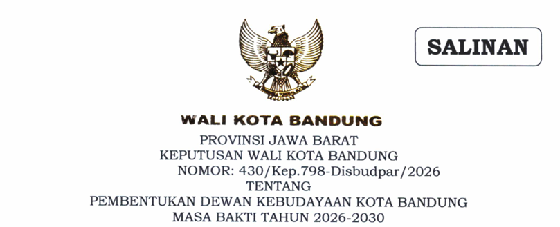 Cover Keputusan Wali Kota Bandung Nomor 430/Kep.798-Disbudpar/2026 Tahun 2026 Tentang Pembentukan Dewan Kebudayaan Kota Bandung Masa Bakti Tahun 2026-2030