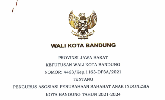 Cover Keputusan Wali Kota Bandung Nomor 4463/Kep.1163-DP3A/2021 Tahun 2021 Tentang Pengurus Asosiasi Perusahaan Sahabat Anak Indonesia Kota Bandung Tahun 2021-2024