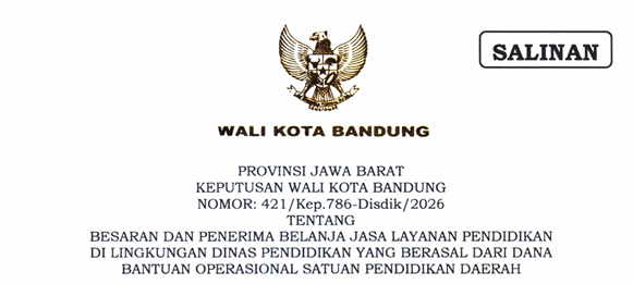 Cover Keputusan Wali Kota Bandung Nomor 421/Kep.786-Disdik/2026 Tahun 2026 Tentang Besaran Dan Penerima Belanja Jasa Layanan Pendidikan di Lingkungan Dinas Pendidikan Yang Berasal Dari Dana Bantuan Operasional Satuan Pendidikan Daerah