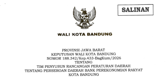 Cover Keputusan Wali Kota Bandung Nomor 188.342/Kep.433-BagKum/2026 Tahun 2026 Tentang Tim Penyusun Rancangan Peraturan Daerah Tentang Perseroan Daerah Bank Perekonomian Rakyat Kota Bandung