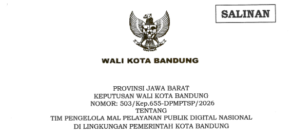 Cover Keputusan Wali Kota Bandung Nomor 503/Kep.655-DPMPTSP/2026 Tahun 2026 Tentang Tim Pengelola Mal Pelayanan Publik Digital Nasional di Lingkungan Pemerintah Kota Bandung