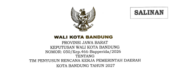 Cover Keputusan Wali Kota Bandung Nomor 050/Kep.466-Bapperida/2026 Tahun 2026 Tentang Tim Penyusun Rencana Kerja Pemerintah Daerah Kota Bandung Tahun 2027