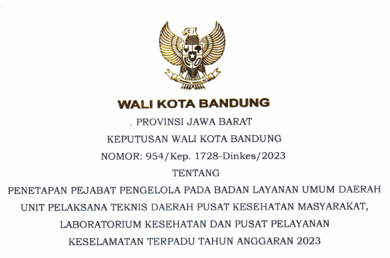Cover Keputusan Wali Kota Bandung Nomor 954/Kep.1728-Dinkes/2023 Tahun 2023 Tentang Penetapan Pejabat Pengelola Pada Badan Layanan Umum Daerah Unit Pelaksana Teknis Daerah Pusat Kesehatan Masyarakat, Laboratorium Kesehatan dan Pusat Pelayanan Keselamatan Terpadu Tahun Anggaran 2023