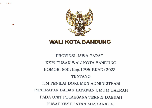 Cover Keputusan Wali Kota Bandung Nomor 800/Kep.1796-BKAD/2023 Tahun 2023 Tentang Tim Penilai Dokumen Administrasi Penerapan Badan Layanan Umum Daerah Pada Unit Pelaksana Teknis Daerah Pusat Kesehatan Masyarakat