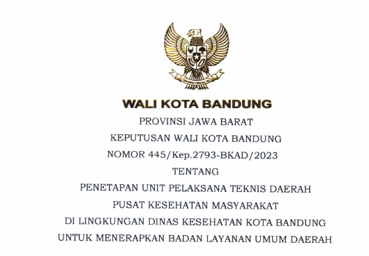 Cover Keputusan Wali Kota Bandung Nomor 445/Kep.2793-BKAD/2023 Tahun 2023 Tentang Penetapan Unit Pelaksana Teknis Daerah Pusat Kesehatan Masyarakat Di Lingkungan Dinas Kesehatan Kota Bandung Untuk Menerapkan Badan Layanan Umum Daerah