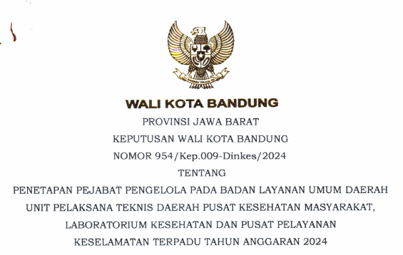 Cover Keputusan Wali Kota Bandung Nomor 954/Kep.009-Dinkes/2024 Tahun 2024 Tentang Penetapan Pejabat Pengelola Pada Badan Layanan Umum Daerah Unit Pelaksana Teknis Daerah Pusat Kesehatan Masyarakat, Laboratorium Kesehatan Dan Pusat Pelayanan Keselamatan Terpadu Tahun Anggaran 2024