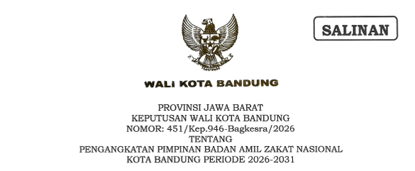 Cover Keputusan Wali Kota Bandung Nomor 451/Kep.946-Bagkesra/2026 Tahun 2026 Tentang Pengangkatan Pimpinan Badan Amil Zakat Nasional Kota Bandung Periode 2026-2031