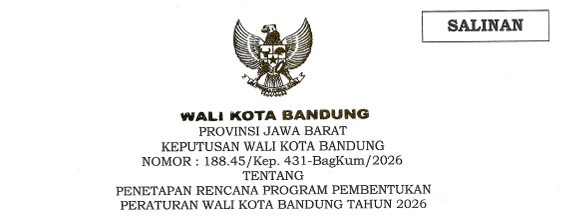 Cover Keputusan Wali Kota Bandung Nomor 188.45/Kep.431-BagKum/2026 Tahun 2026 Tentang Penetapan Rencana Program Pembentukan Peraturan Wali Kota Bandung Tahun 2026