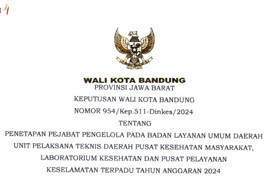 Cover Keputusan Wali Kota Bandung Nomor 954/Kep.511-Dinkes/2024 Tahun 2024 Tentang Penetapan Pejabat Pengelola Pada Badan Layanan Umum Daerah Unit Pelaksana Teknis Daerah Pusat Kesehatan Masyarakat, Laboratorium Kesehatan Dan Pusat Pelayanan Keselamatan Terpadu Tahun Anggaran 2024