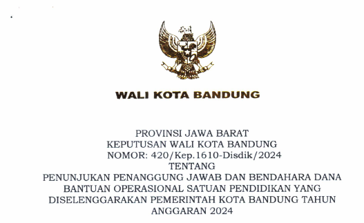 Cover Keputusan Wali Kota Bandung Nomor 420/Kep.1610-Disdik/2024 Tahun 2024 Tentang Penunjukan Penanggungjawab Dan Bendahara Dana Bantuan Operasional Satuan Pendidikan Yang Diselenggarakan Pemerintah Kota Bandung Tahun Anggaran 2024
