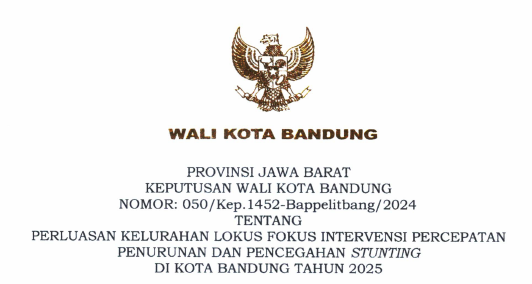 Cover Keputusan Wali Kota Bandung Nomor 050/Kep.1452-Bappelitbang/2024 Tahun 2024 Tentang Perluasan Kelurahan Lokus Fokus Intervensi Percepatan Penurunan Dan Pencegahan Stunting Di Kota Bandung Tahun 2025