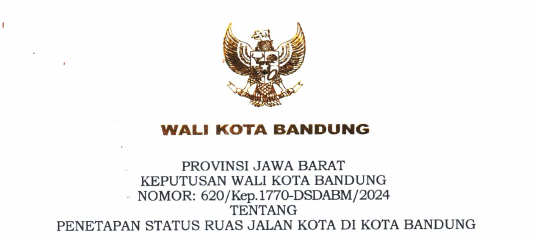 Cover Keputusan Wali Kota Bandung Nomor 620/Kep.1770-DSDABM/2024 Tahun 2024 Tentang Penetapan Status Ruas Jalan Di Kota Bandung