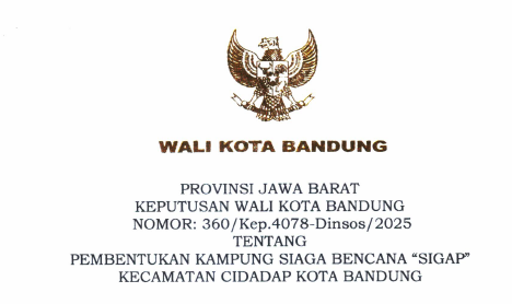 Cover Keputusan Wali Kota Bandung Nomor 360/Kep.4078-Dinsos/2025 Tahun 2025 Tentang Pembentukan Kampung Siaga Bencana Kecamtan Cidadap Kota Bandung