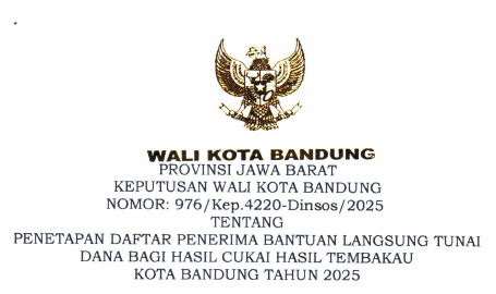 Cover Keputusan Wali Kota Bandung Nomor 976/Kep.4220-Dinsos/2025 Tahun 2025 Tentang Penetapan Daftar Penerima Bantuan Langsung Tunai Dana Bagi Hasil Cukai Hasil Tembakau Kota Bandung Tahun 2025