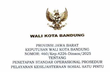 Cover Keputusan Wali Kota Bandung Nomor 460/Kep.4226-Dinsos/2025 Tahun 2025 Tentang Penetapan Standar Operasional Prosedur Pelayanan Kesejahteraan Sosial Satu Pintu
