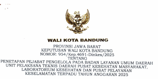 Cover Keputusan Wali Kota Bandung Nomor 954/Kep.4691-Dinkes/2025 Tahun 2025 Tentang Penetapan Pejabat Pengelola Pada Badan Layanan Umum Daerah Unit Pelaksana Teknis Daerah Pusat Kesehatan Masyarakat, Laboratorium Kesehatan Dan Pusat Pelayanan Keselamatan Terpadu Tahun Anggaran 2025