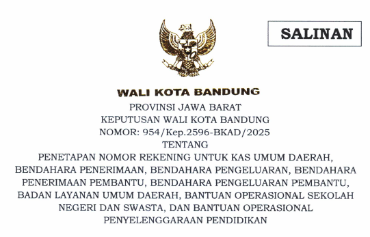 Cover Keputusan Wali Kota Bandung Nomor 954/Kep.2596-BKAD/2025 Tahun 2025 Tentang Penetapan Nomor Rekening Untuk Kas Umum Daerah, Bendahara Penerimaan, Bendahara Pengeluaran, Bendahara Penerimaan Pembantu, Bendahara Pengeluaran Pembantu, Badan Layanan Umum Daerah, Bantuan Operasional Sekolah, Badan Layanan Umum Daerah, Bantuan Operasional Sekolah Negeri Dan Swasta, Dan Bantuan Operasional Penyelenggaraan Pendidikan
