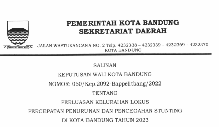 Cover Keputusan Wali Kota Bandung Nomor 050/Kep.2092-Bappelitbang/2022 Tahun 2022 Tentang Perluasan Kelurahan Lokus Percepatan Penurunan Dan Pencegahan Stunting Di Kota Bandung Tahun 2023