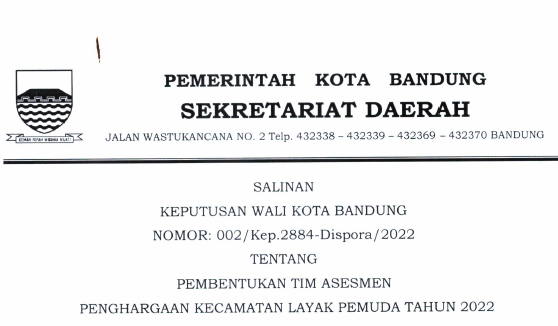 Cover Keputusan Wali Kota Bandung Nomor 002/Kep.2884-Dispora/2022 Tahun 2022 Tentang Pembentukan Tim Asesmen Penghargaan Kecamatan Layak Pemuda Tahun 2022