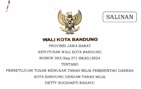 Cover Keputusan Wali Kota Bandung Nomor 593/Kep.371-BKAD/2024 Tahun 2024 Tentang Persetujuan Tukar Menukar Tanah Milik Pemerintah Daerah Kota Bandung Dengan Tanah Milik Detty Sugiharti Rahayu