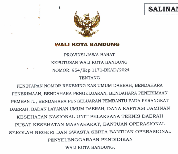 Cover Keputusan Wali Kota Bandung Nomor 954/Kep.1171-BKAD/2024 Tahun 2024 Tentang Penetapan Nomor Rekening Kas Umum Daerah, Bendahara Penerimaan, Bendahara Pengeluaran, Bendahara Penerimaan Pembantu, Bendahara Pengeluaran Pembantu Pada Perangkat Daerah, Badan Layanan Umum Daerah, Dana Kapitasi Jaminan Kesehatan Nasional Unit Pelaksana Teknis Daerah Pusat Kesehatan Masyarakat, Bantuan Operasional Sekolah Negeri Dan Swasta Serta Bantuan Operasional Penyelenggaraan Pendidikan