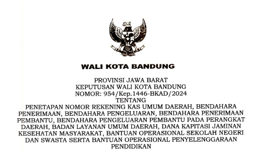 Cover Keputusan Wali Kota Bandung Nomor 954/Kep.1446-BKAD/2024 Tahun 2024 Tentang Penetapan Nomor Rekening Kas Umum Daerah, Bendahara Penerimaan, Bendahara Pengeluaran, Bendahara Penerimaan Pembantu, Bendahara Pengeluaran Pembantu Pada Perangkat Daerah, Badan Layanan Umum Daerah, Dana Kapitasi Jaminan Kesehatan Masyarakat, Bantuan Operasional Sekolah Negeri Dan Swasta Serta Bantuan Operasional Penyelenggaraan Pendidikan