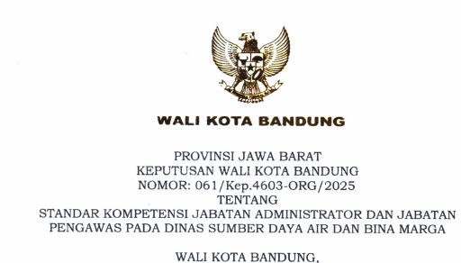 Cover Keputusan Wali Kota Bandung Nomor 061/Kep.4603-ORG/2024 Tahun 2024 Tentang Standar Kompetensi Jabatan Administrator Dan Jabatan Pengawas Pada Dinas Sumber Daya Air Dan Bina Marga