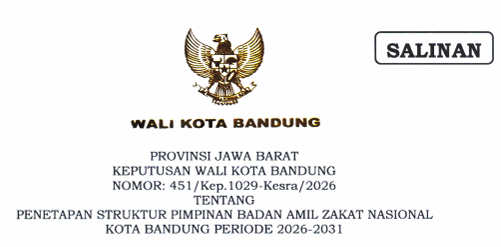 Cover Keputusan Wali Kota Bandung Nomor 451/Kep.1029-Kesra/2026 Tahun 2026 Tentang Penetapan Struktur Pimpinan Badan Amil Zakat Nasional Kota Bandung Periode 2026-2031