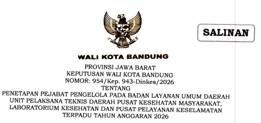 Cover Keputusan Wali Kota Bandung Nomor 954/Kep.943-Dinkes/2026 Tahun 2026 Tentang Penetapan Pejabat Pengelola Pada Badan Layanan Umum Daerah Unit Pelaksana Teknis Daerah Pusat Kesehatan Masyarakat, Laboratorium Kesehatan Dan Pusat Pelayanan Keselamatan Terpadu Tahun Anggaran 2026