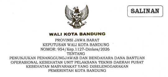 Cover Keputusan Wali Kota Bandung Nomor 954/Kep.1127-Dinkes/2026 Tahun 2026 Tentang Penunjukan Penanggungjawab Dan Bendahara Dana Bantuan Operasional Kesehatan Unit Pelaksana Teknis Daerah Pusat Kesehatan Masyarakat Yang Diselenggarakan Pemerintah Kota Bandung