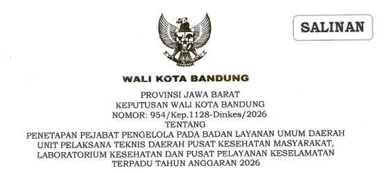 Cover Keputusan Wali Kota Bandung Nomor 954/Kep.1128-Dinkes/2026 Tahun 2026 Tentang Penetapan Pejabat Pengelola Pada Badan Layanan Umum Daerah, Unit Pelaksana Teknis Daerah Pusat Kesehatan Masyarakat, Laboratorium Kesehatan Dan Pusat Pelayanan Keselamatan Terpadu Tahun Anggaran 2026