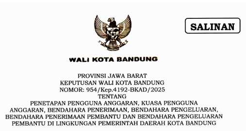 Cover Keputusan Wali Kota Bandung Nomor 954/Kep.4192-BKAD/2025 Tahun 2025 Tentang Penetapan Pengguna Anggaran, Kuasa Pengguna Anggaran, Bendahara Penerimaan, Bendahara Pengeluaran, Bendahara Penerimaan Pembantu Dan Bendahara Pengeluaran Pembantu Di Lingkungan Pemerintah Daerah Kota Bandung